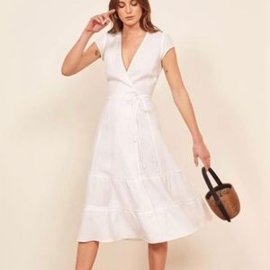 Reformation White Linen Midi Wrap dress Plus size